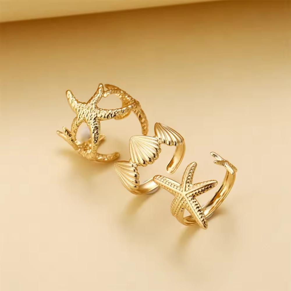 Beach Starfish Shell Style Women'S Alloy Ring Adjustable Opening Zircon Three Piece Set Summer Vacation Party Accessories