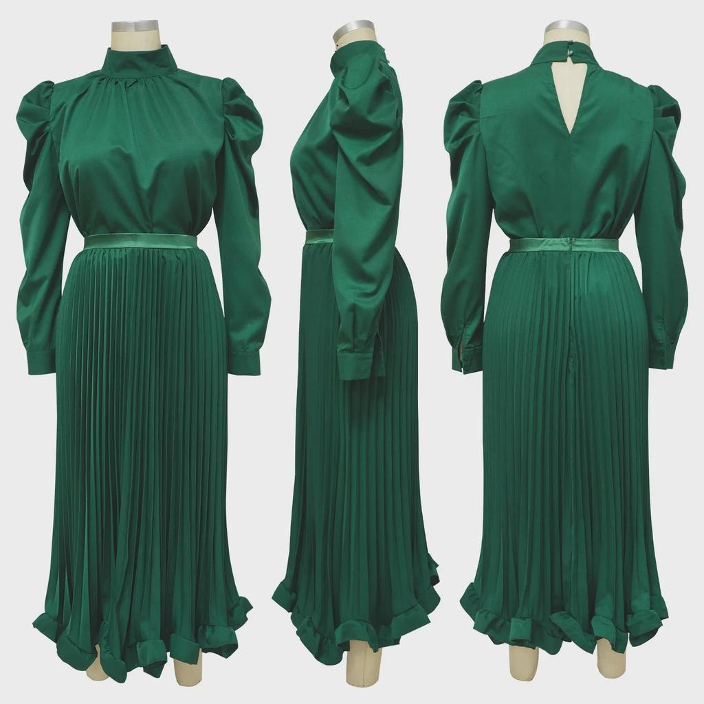 Autumn European & American Puff Sleeve Top with Ruffled Pleated Skirt Set.