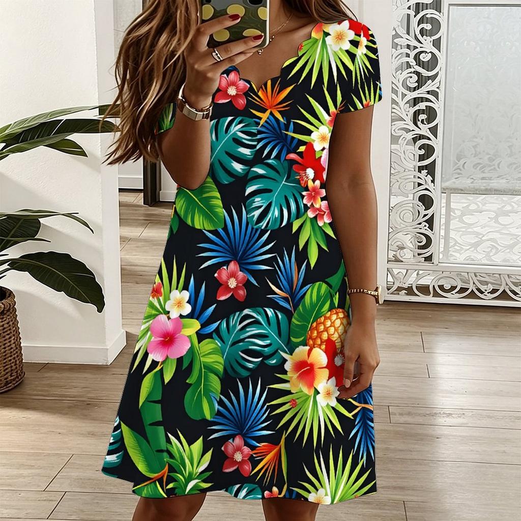 Women Plus Size V Neck Short Sleeve Dress Tropical Blossom Printed Relaxed Dress For Seaside Trip And Daily Life