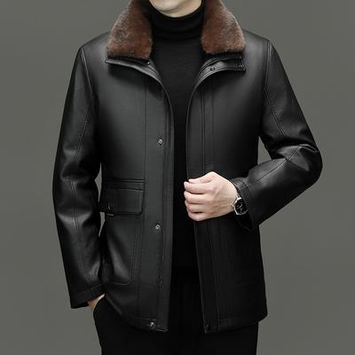 Autumn and Winter New Style Removable Fur-lined Leather Jacket for Middle-aged and Elderly Men, Medium-length Fur Collar Leather Jacket
