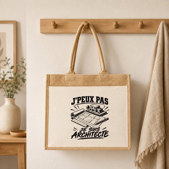 Sac Cabas Jute avec Poche J’peux pas je suis Architecte J'peux pas minimaliste | Toile de Jute et Coton 21 L Fond Plat Anses 65 cm