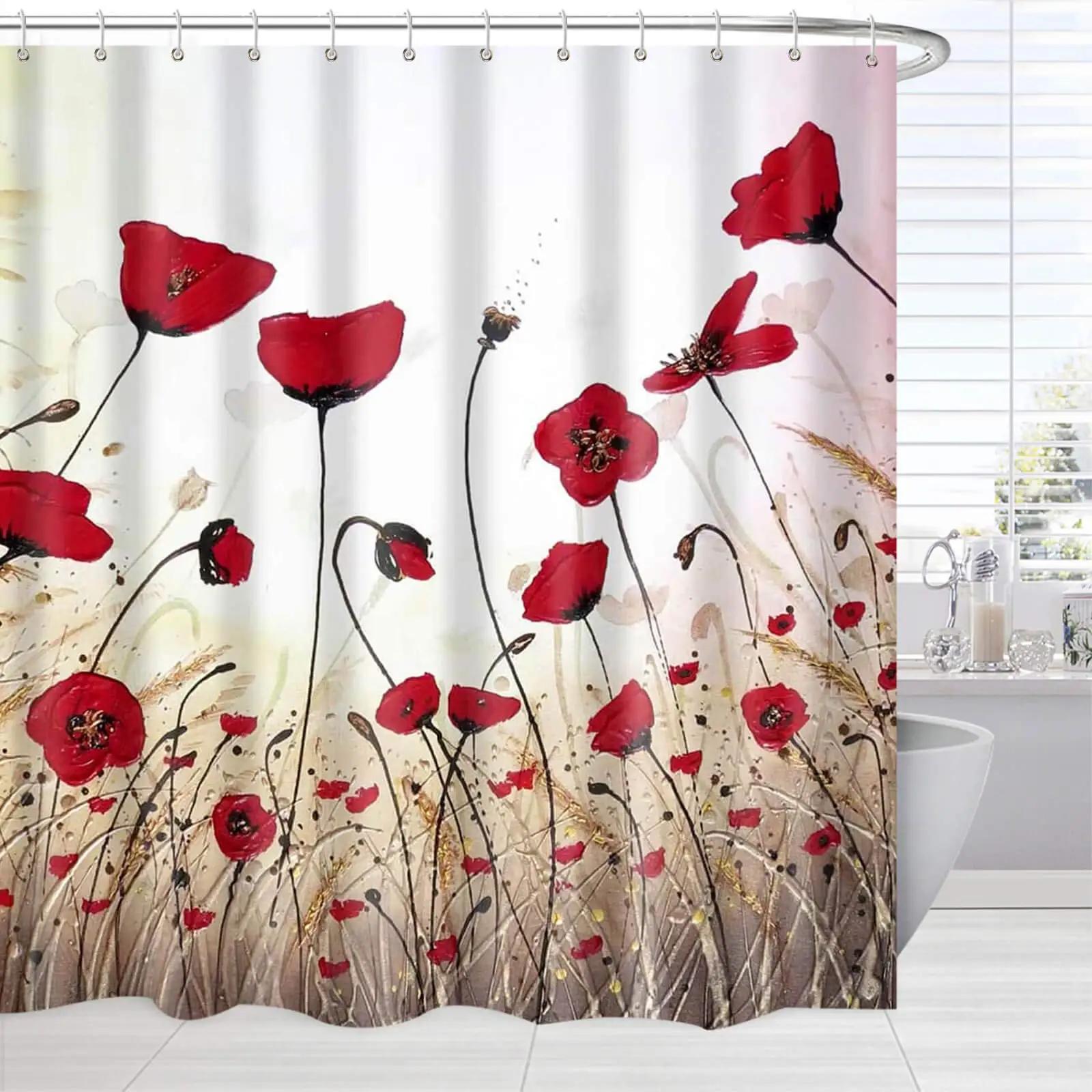 

Red Poppy Flower Shower Curtain with Hooks, Washable Fabric, Bathroom Curtains, Floral W90xH180cm