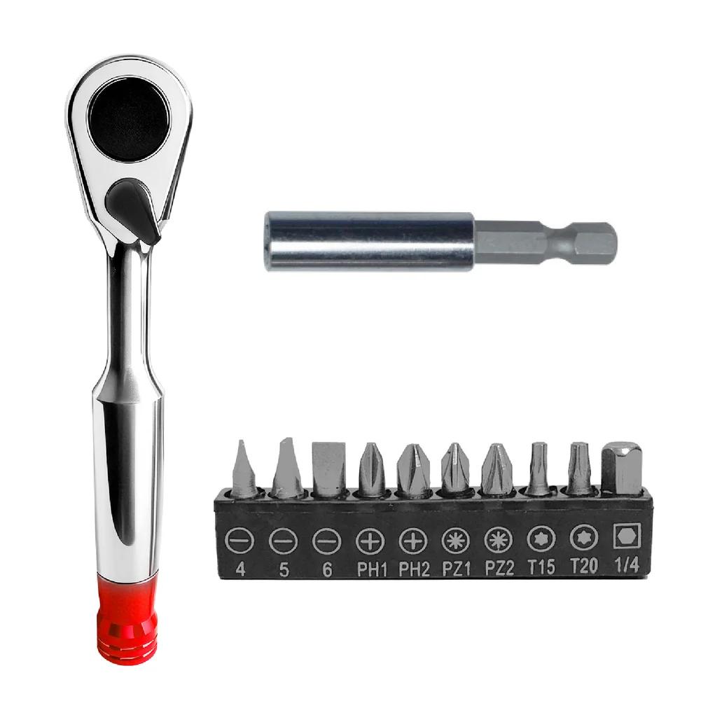 Precision 1/4in 72-Tooth Ratchet Wrench with Extension Rod and 10 Bits for Small Space Assembly and Disassembly