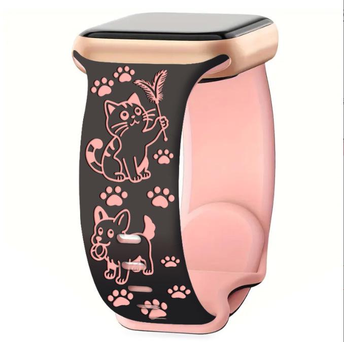 Apple New Style Cartoon Carved Silicone Watch Strap - Cute Cat & Dog Theme.