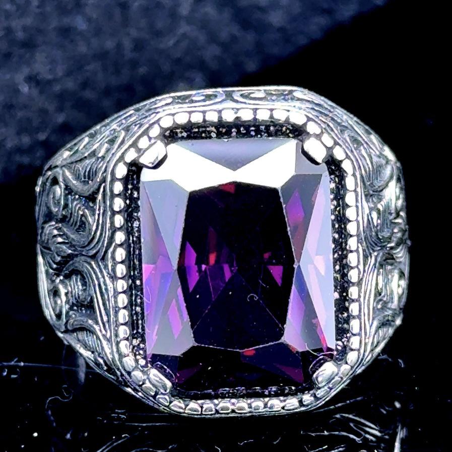 Мужское антикварное серебряное кольцо с цветочным узором и фиолетовым бриллиантовым орнаментом Size 10 фиолетовый/алмаз
