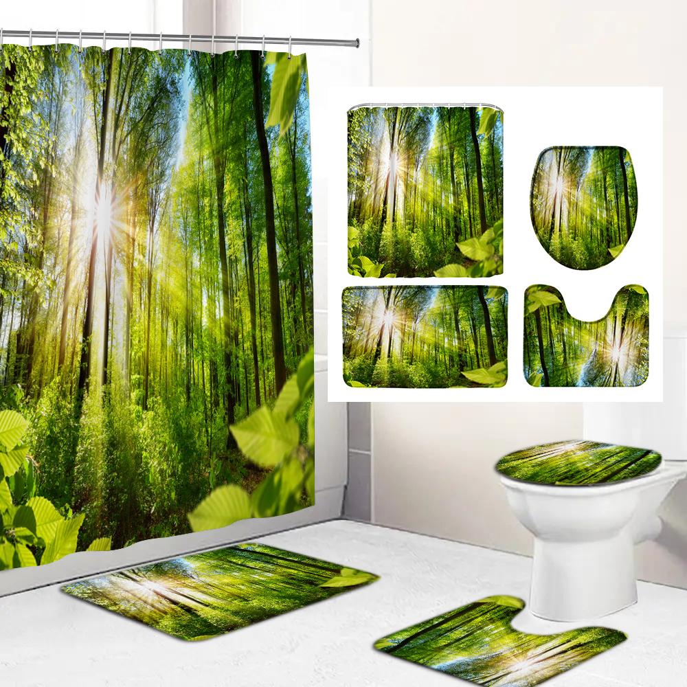 3D Natural Forest Landscape Printed Waterproof Fabric Bathroom Curtain Shower Curtains Set Anti-Skid Rugs Toilet Cover Bath Mat