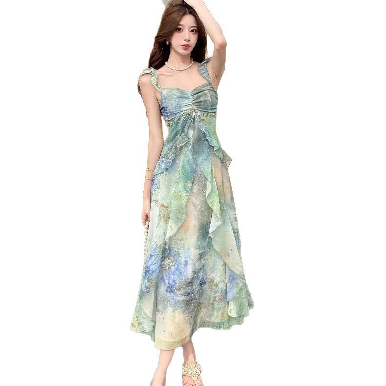 Women's Summer Tie-Dye Spaghetti Strap Dress with Ruffle Waist
