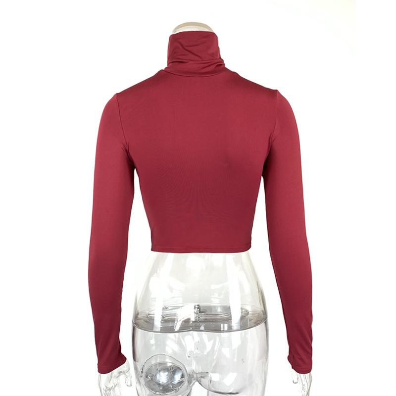 Otoño Mujer Ins Sexy Ajustado Crop Top Manga Larga Cuello Alto