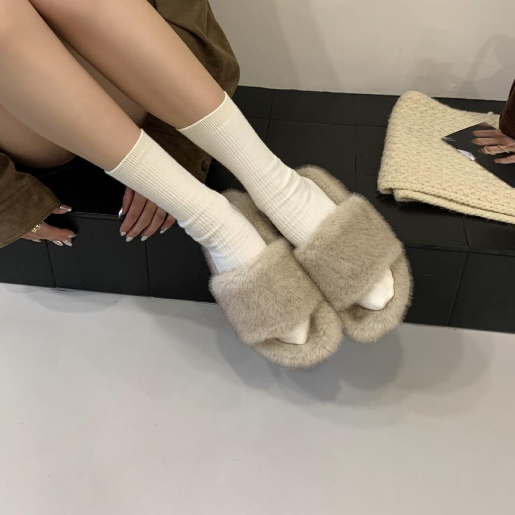 2025 New Autumn and Winter Mao Mao One-word with Open Toes and Half Tows, Wearing Mao Mao Open Toes Commuter Women's Warm Slippers