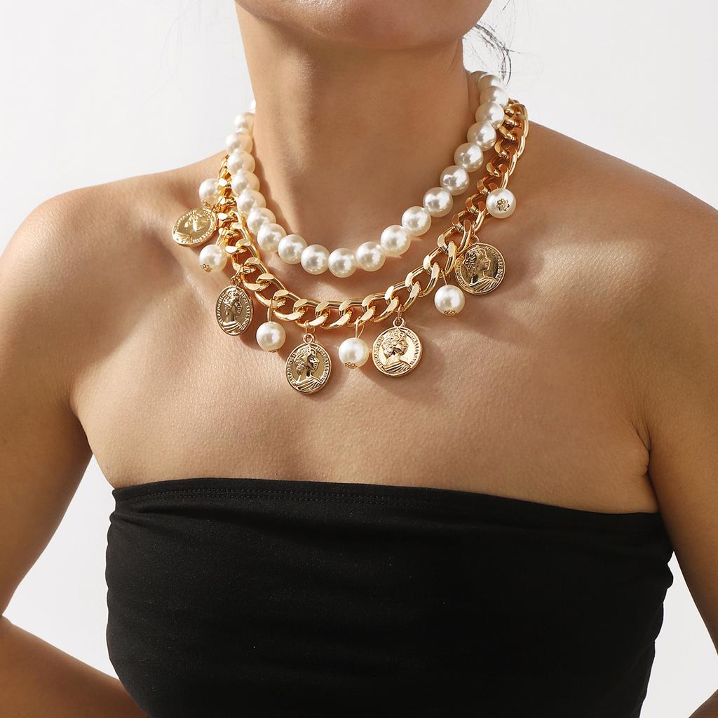 Tooxika Vintage Portrait Coin Queen Cameo Pendant Tassel Double Layer Pearls Collarbone Chain