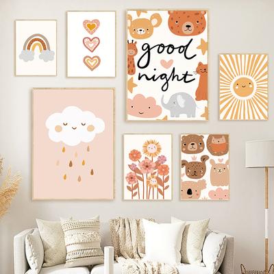 Bonito desenho animado berçário parede sol arco-íris pôster impressão animal quarto infantil pintura impressão criança pequeno urso flor tela decoração para casa