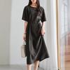 Wrinkle feeling extremely simple style round neck short sleeved mulberry silk dress 2026 summer commuting versatile mid length skirt