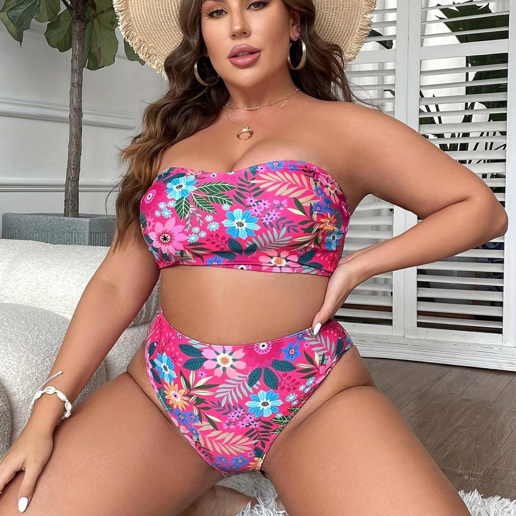 2024 Plus Size High Waist Bandeau Swimsuit - European & American Print