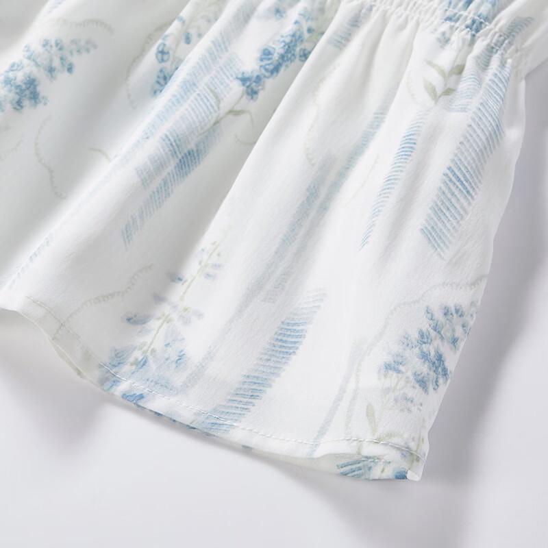 Women's French Style V-neck Printed Puff Sleeve Blouse