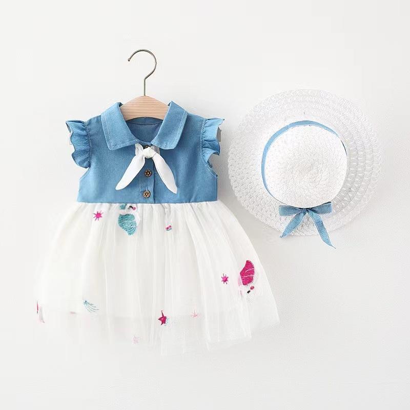 Girls Summer Denim And Tulle Spliced Princess Dress Sweet Cute Children Skirt