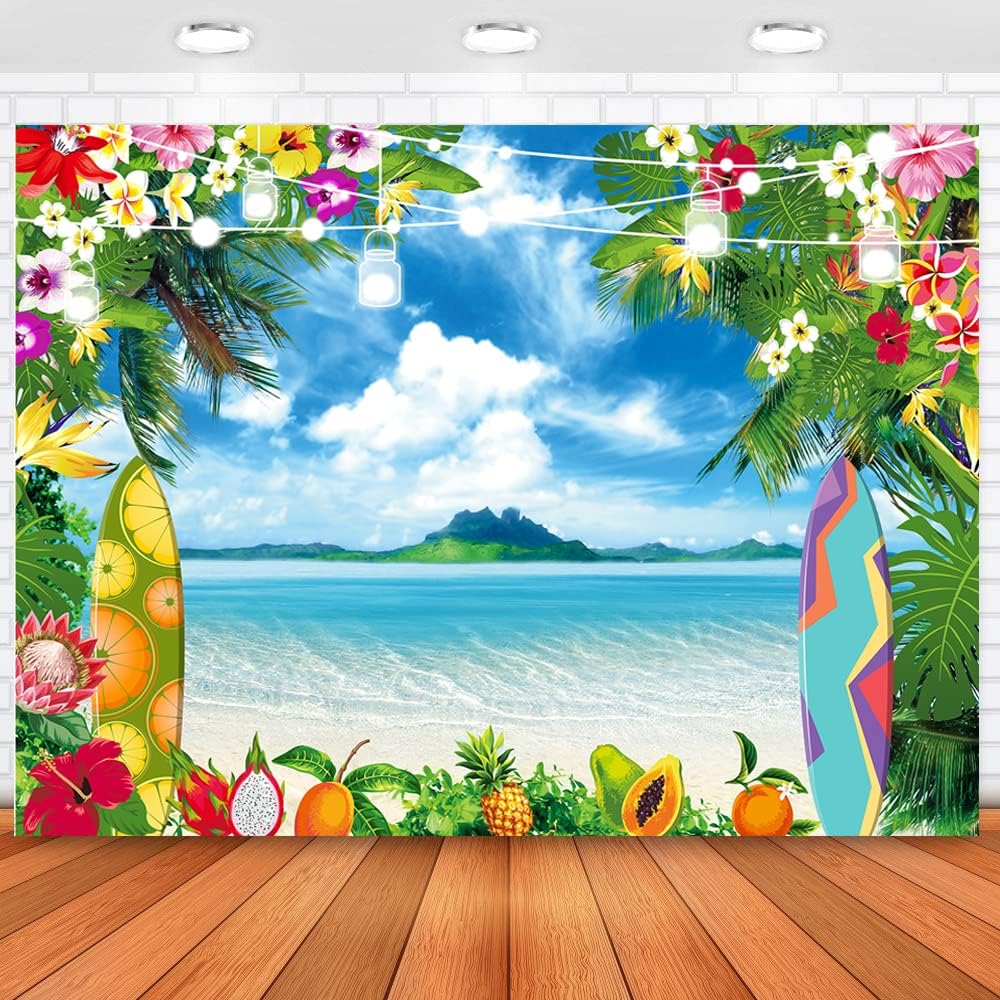 CHAIYA 7x5ft Summer Hawaiian Beach Photography Backdrop Tropical Luau Palm Floral Photography Background for Birthday Baby Shower Party Decorations