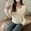 French Swing Collar Long Sleeve Bottoming Sweater Women's Autumn Side Pleated Waist Diagonal Shoulder Sweet Spicy Inner Top
