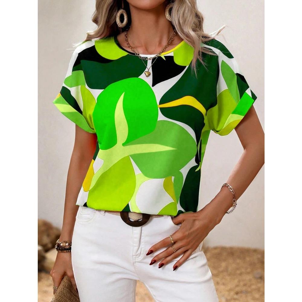 Women's Round Neck T-shirt Summer Outdoor Fashion Short-sleeved Tops Oversize Loose Ladies Clothing Flower Printing Trend Style