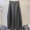 European-Style Petite Dark Grey Wool High-Waisted Casual Trousers for Women