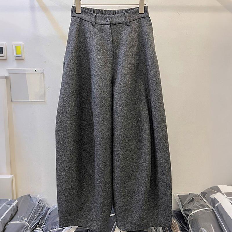 European-Style Petite Dark Grey Wool High-Waisted Casual Trousers for Women