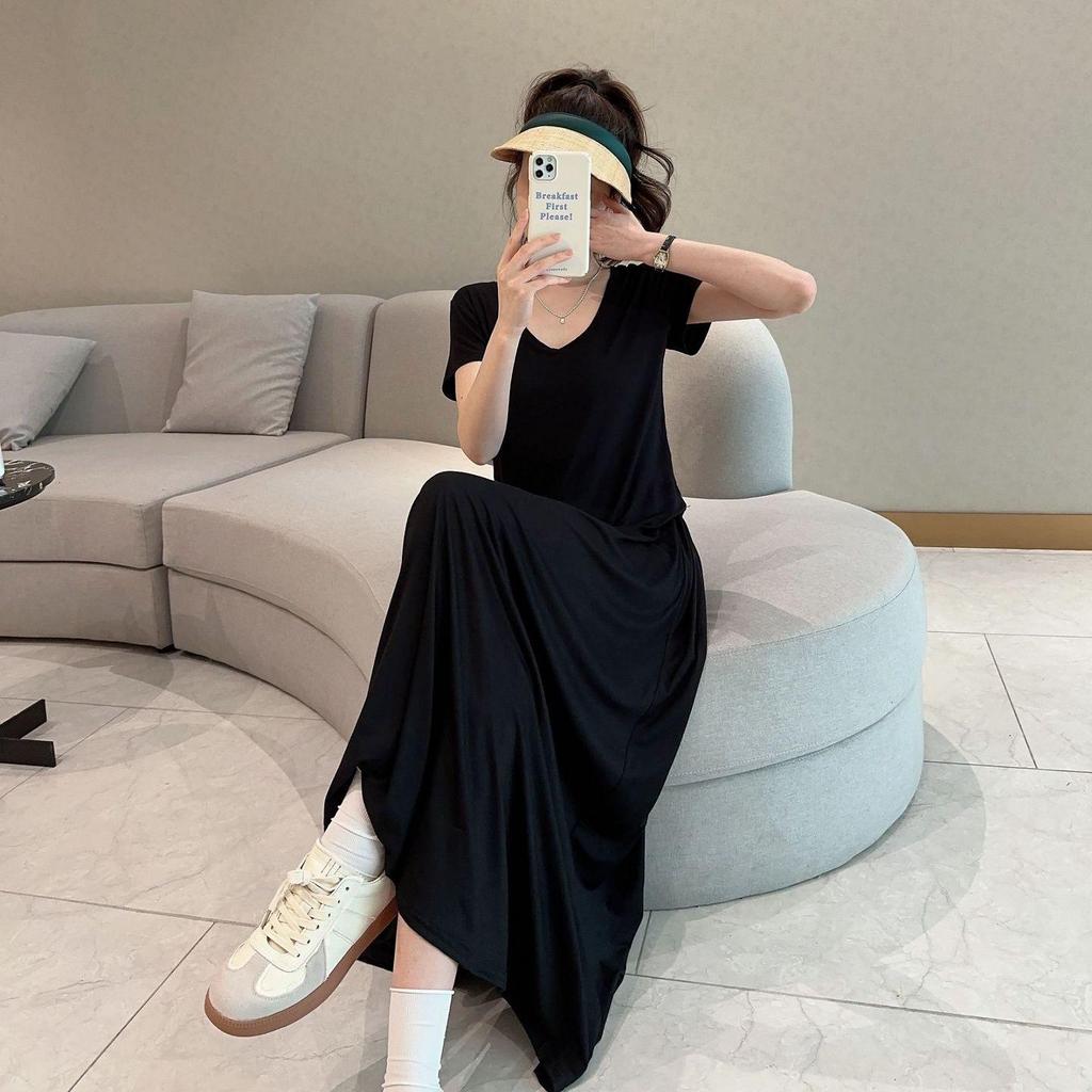 Modal V-Neck Short-Sleeve Midi Skirt Set: Women's Plus Size Korean-Style Casual Two-Piece Outfit