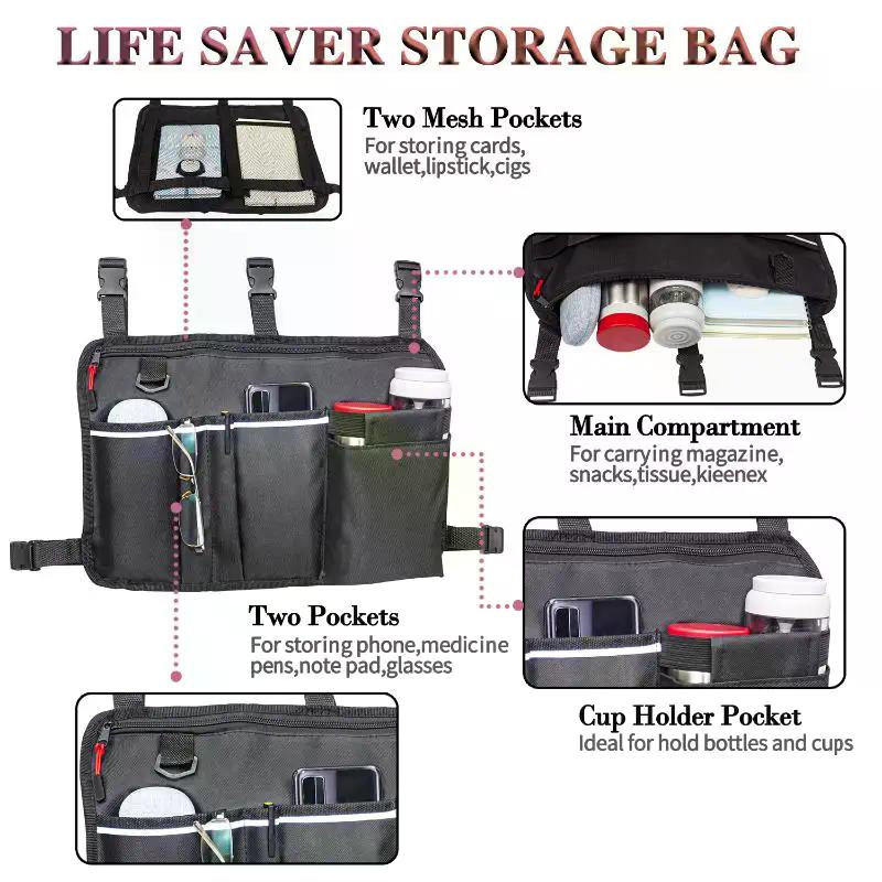 Wheelchair Side Armrest Bag Wheelchair Storage Bag Reflective Strip Magic Tape Hanging Bag Baby Cart Side Bag Walker Pouch