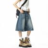American Wide-leg Denim Cropped Pants Men's Summer High Street Vintage Old Shorts Trendy Brand Straight Wide-leg Pants