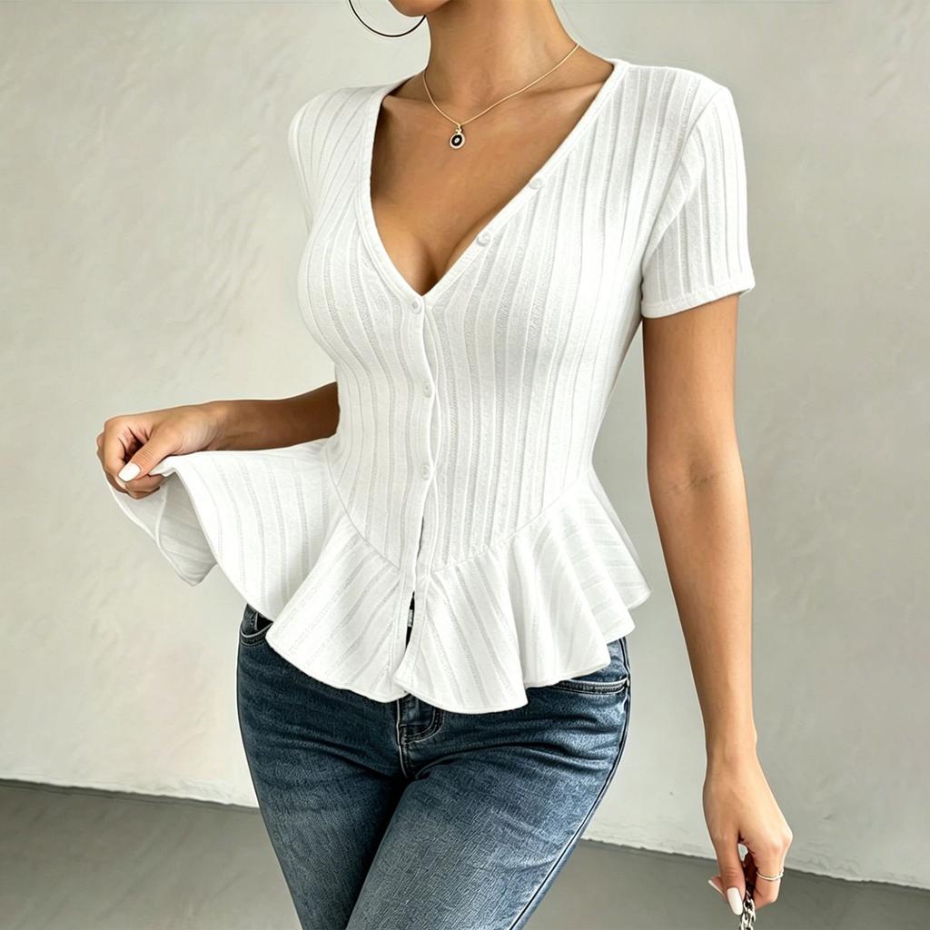 Women's Fashion Solid Color V Neck Button Down Ruffle Hem Slim Fit Short Sleeve Ribbed Brushed Knit Top
