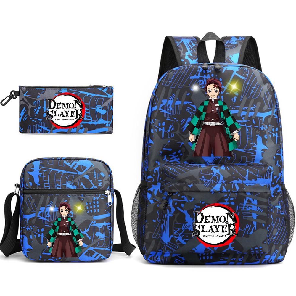 3Pcs/set Anime Printed Demon Slayer Backpack with Shoulder Bag Pencil Case for Teen Student Boy Girl Large Capacity Waterproof Bookbag Travel Bag