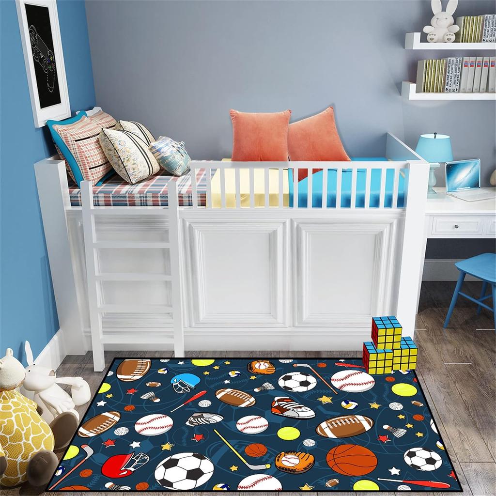 Sports Balls Rug for Boys Bedroom, Football, Basketball, Soccer Carpet, Non-Slip Sports Room Decor Rug for Kids