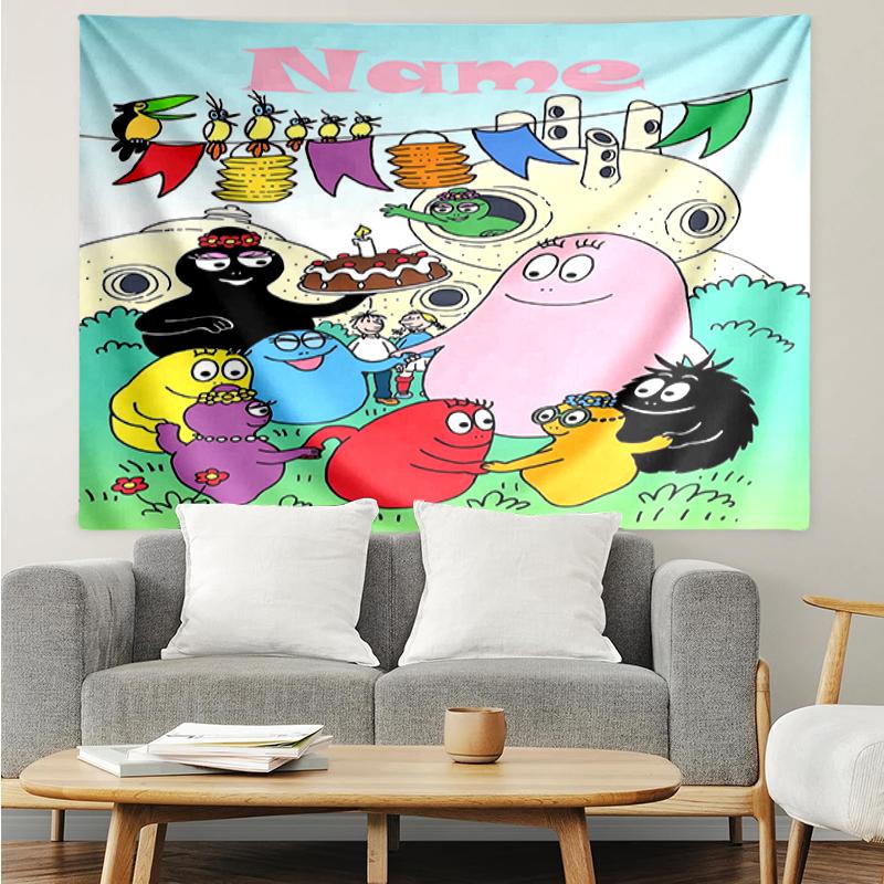 Custom Name Barbapapa Print Tapestry, Backdrop, Easy Setup, Ideal for Bedroom, Office & Living Room, with Aesthetic Wall Hanging Decor.