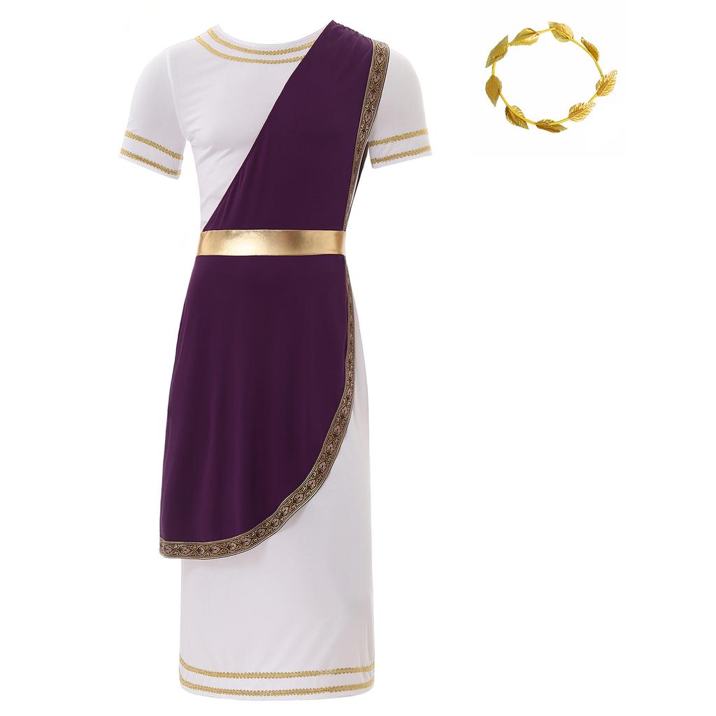 Mens Ancient Greek Toga Costume Short Sleeve Retro Gold Trim Roman Robe Headband Cosplay