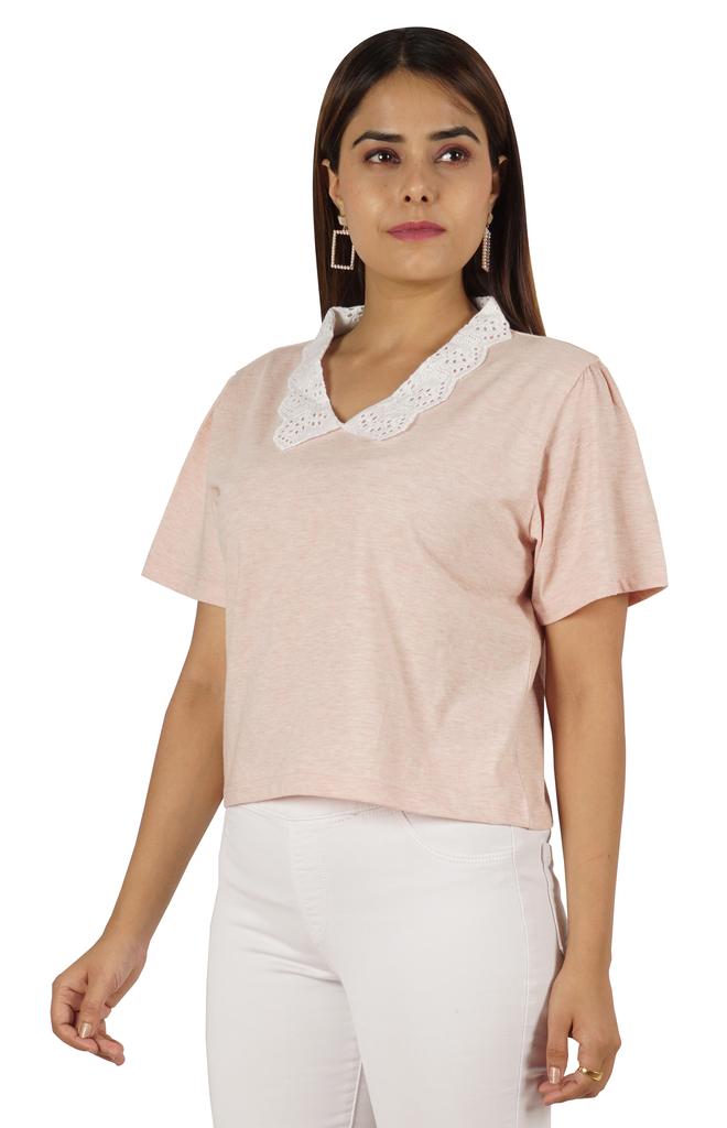 Moomaya Dámský top s krajkovým límečkem Petra Pana, hladký žerzejový krátký ležérní T-shirt