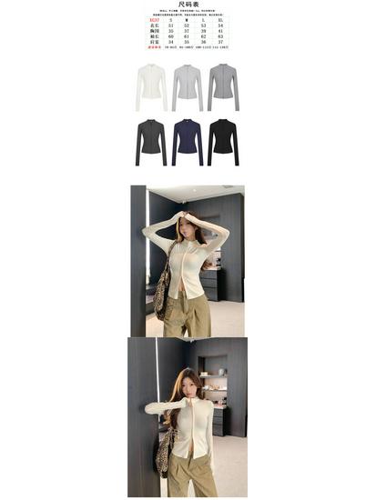 Women's Korean Stand Collar Double Zipper Slim Fit Long Sleeve T-shirt - 2025 Autumn Chic Design