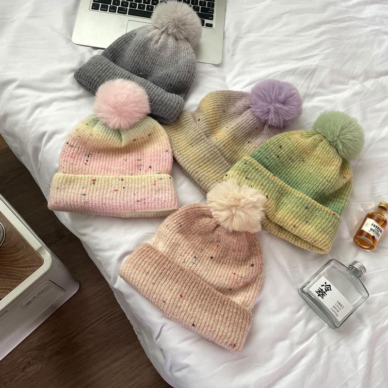 Rainbow gradual change thickened warm wool hat female cute winter star point wool knitted hat couple