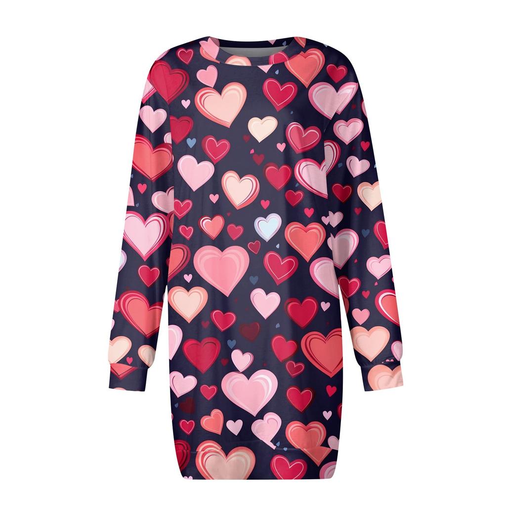 Women's Round Neck Valentine's Day Printed Long Sleeve Wrap Hip Dress Sweater Dresses
