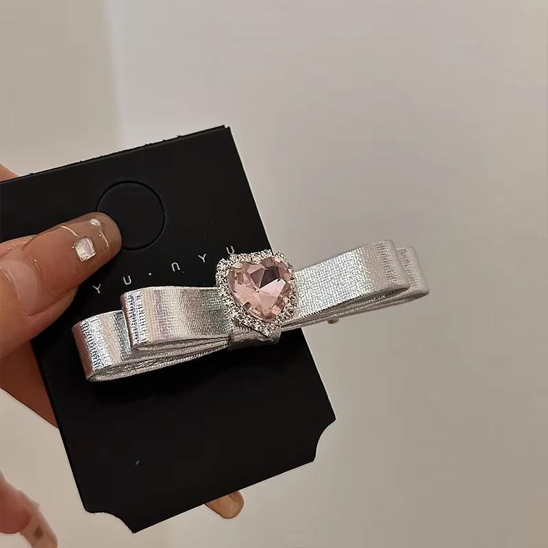 Заколки-автоматы для волос Y2K розовый бант сердце стразы для женщин милые черные серебристые кожаные аксессуары для волос боковые зажимы шпильки