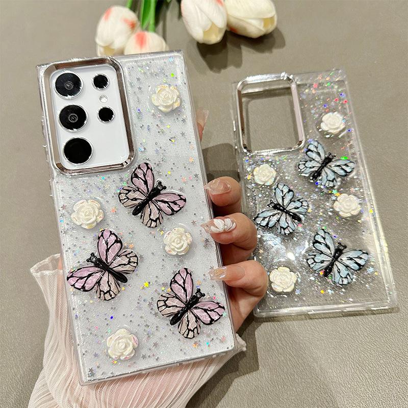 Three-Dimensional Advanced Sense Rose Butterfly Epoxy Mobile Phone Case For Samsung S25Ultra Transparent S24 Glitter A16