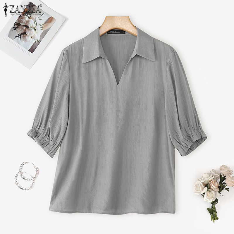 ZANZEA Women Casual V-Neck Loose Summer 3/4 Sleeve Blouse