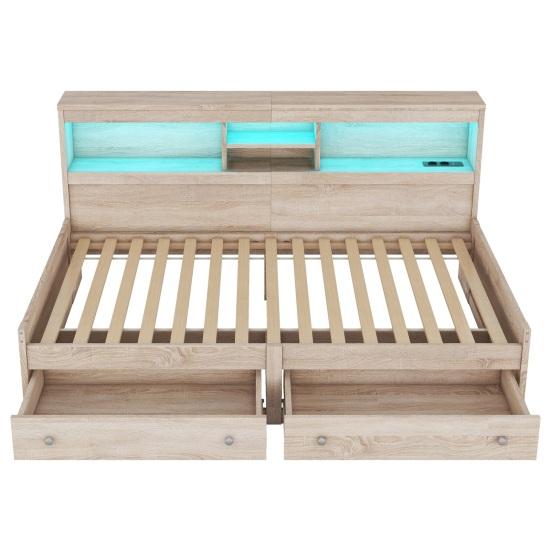 Single Bed Daybed 90x200cm Sofa Bed Bedside Cabinet with 2 USB And Charging Sockets Youth Ambient Lighting Two Drawers Slatted Frame (without