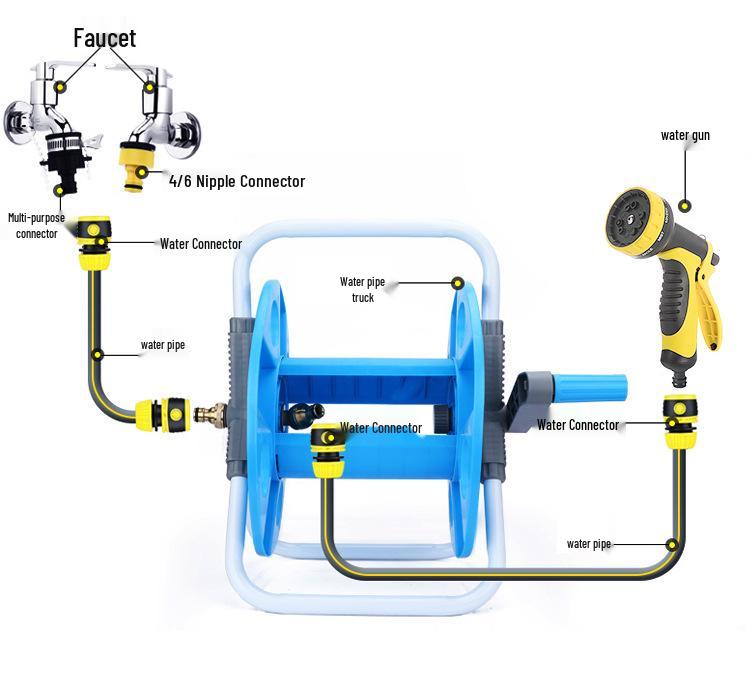 Household Car Wash Hose Storage Cart with Anti-Tangle Reel and Water Gun