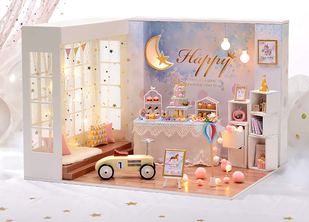 moin moin Scale Dollhouse Miniature DIY Kit Set with Cake Party and Girly Fancy and Photo Studio LED Light Acrylic Case 2012DH212 1/12 Romantic,