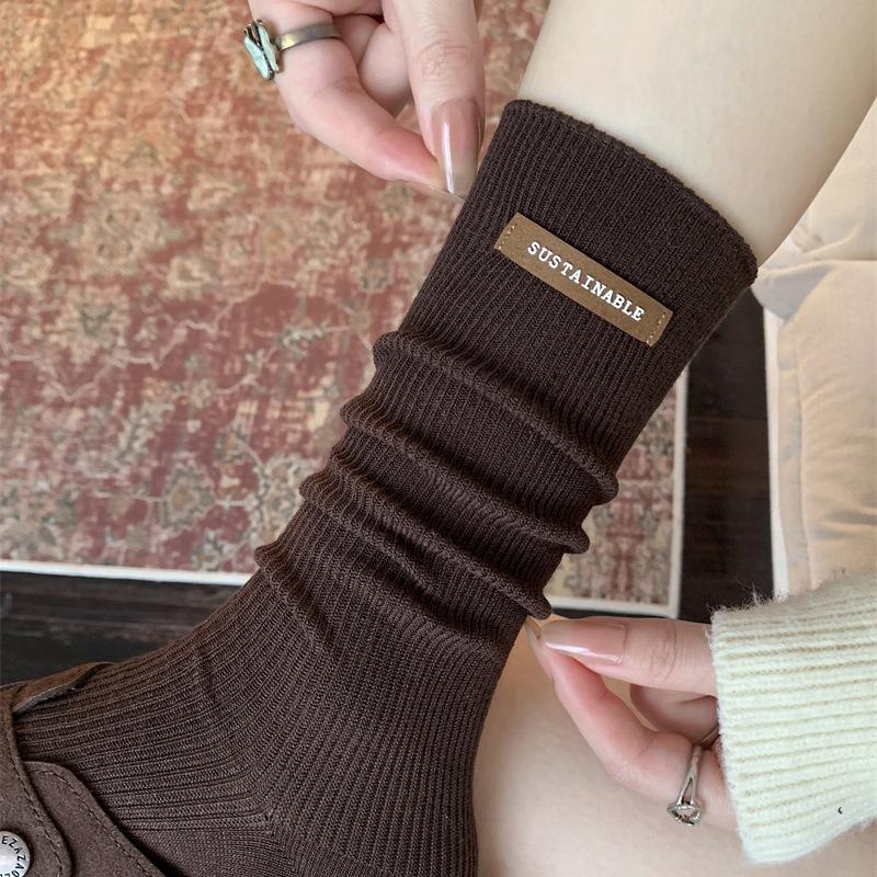 High-End Calf Socks Season Letter Label Double Needle Long Tube Stacking Socks Solid Color Versatile Fashion Trendy Socks