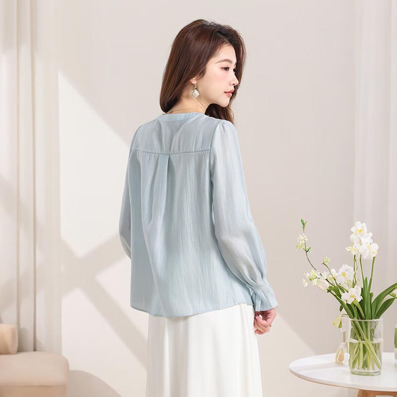 Women's Ruffle Trim Acetate Chiffon Round Neck Blouse