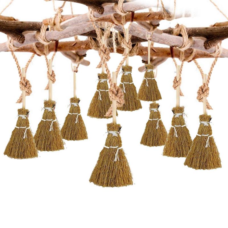 10Pcs Witch Broom Mini Broom Witch Straw Brooms Halloween Straw Craft Decoration Witches Accessories Halloween Party Gift