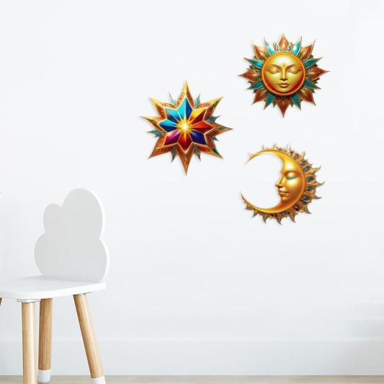 3Pcs Sun Moon Star Wall Decorations Waterproof Bohemian Sun Moon Star Wooden Wall Art Set Outdoor Indoor Hanging Decor Retro Style Garden Patio