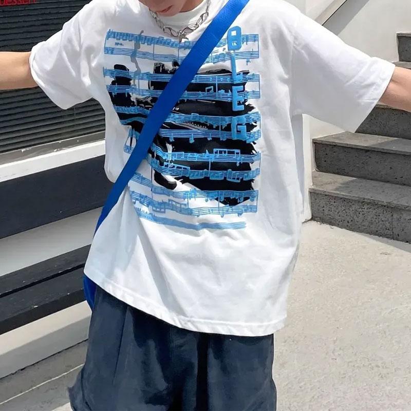 

Men White Music Note Print Crew Neck Short Sleeve Oversized T Shirt S