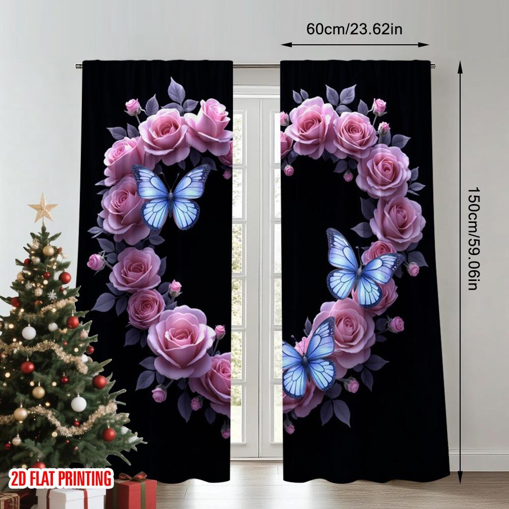 Set Of 2 Flat Printing Window Drapes Neon Heart Butterflies Roses Glow Digital Printed Polyester Birthday Party Curtain Made
