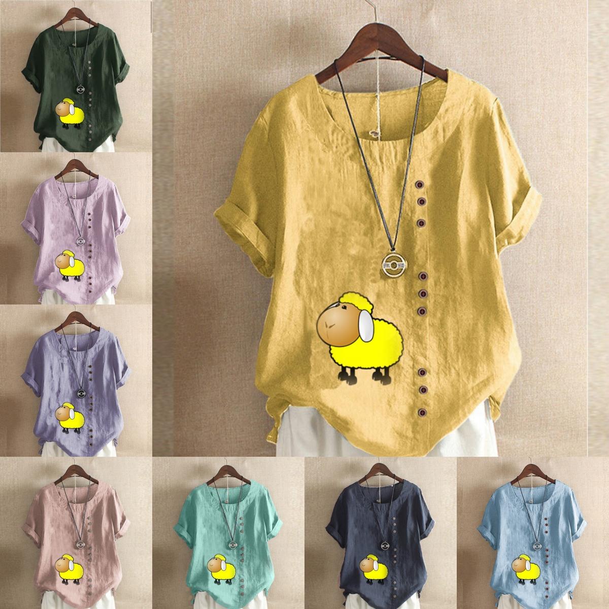 

Жіноча модна футболка з круглим вирізом і короткими рукавами з принтом у вівці, повсякденна бавовняна лляна сорочка з графічним малюнком. Вільна літня блузка для відпочинку. 5XL зелений