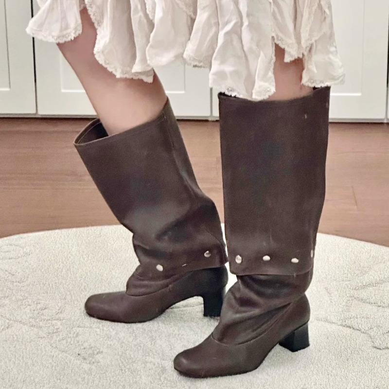 Two-wear removable knee-length boots, summer new retro thick-heeled rivets, thin tall stacking boots